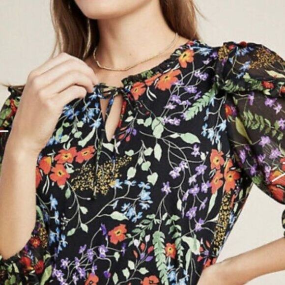 Maeve by Anthropologie Jacquin Top Womens Medium Black Multicolor Floral Boho - Picture 4 of 10